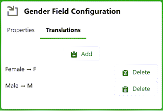 Screenshot: Translations tab for a field configuration dialog, showing value translations for Female to F and Male to M